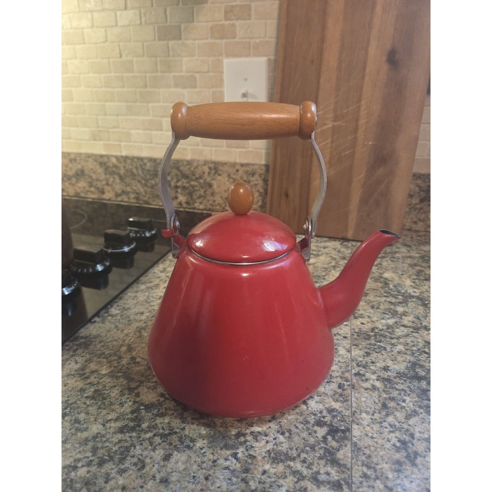 Vintage Chantal Red Enamel Tea Kettle With Wooden Handle